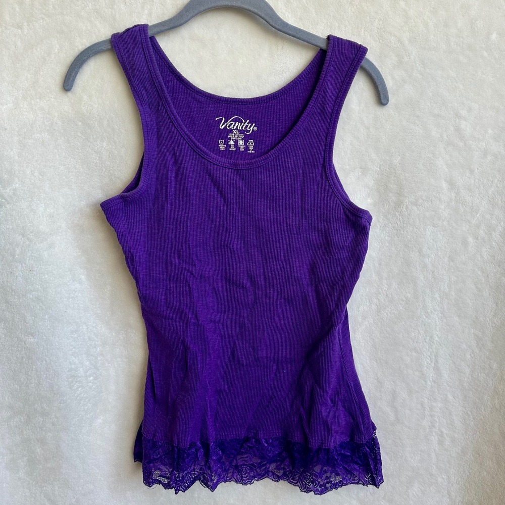 Vanity Vintage Y2K Purple Lace Trimmed Ribbed Tank Top Size XL